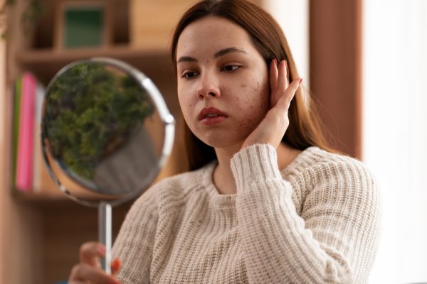 Imagem ilustrativa destacando a gravidade da acne cística e enfatizando a necessidade de tratamento e cuidados especializados.