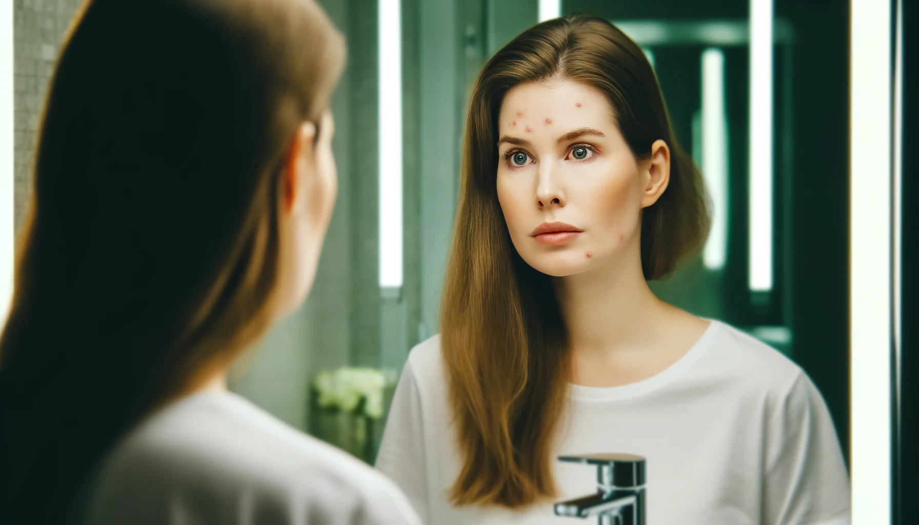 A imagem apresenta uma jovem mulher caucasiana em um banheiro moderno, refletindo sobre sua luta contra a acne enquanto observa preocupada o seu reflexo no espelho. O espelho mostra várias marcas de acne em seu rosto, destacando o impacto emocional da condição. Ela tem cabelos castanhos longos e veste uma simples camiseta branca. A iluminação suave e o ambiente tranquilo do banheiro contribuem para a atmosfera introspectiva da cena. Esta imagem captura um momento comovente de auto-reflexão, ideal para ilustrar discussões sobre cuidados com a pele e acne.