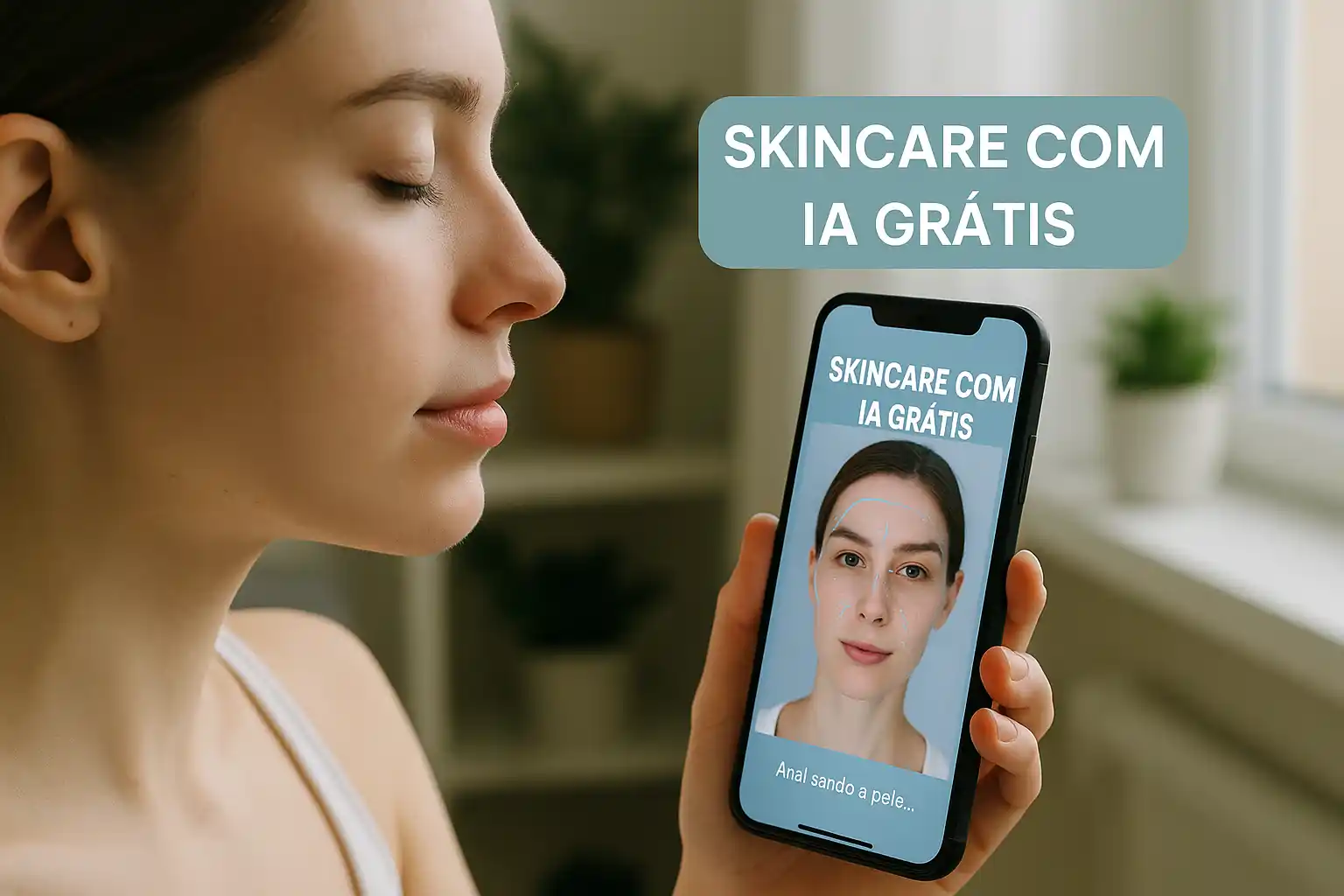 interface de ferramenta de skincare com IA grátis analisando rosto de mulher