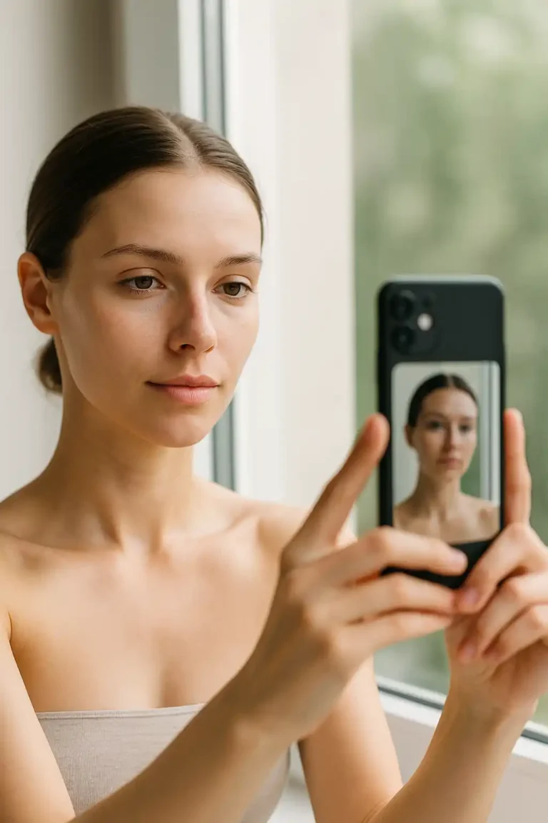 Mulher tirando selfie para análise de pele com IA em rotina de skincare