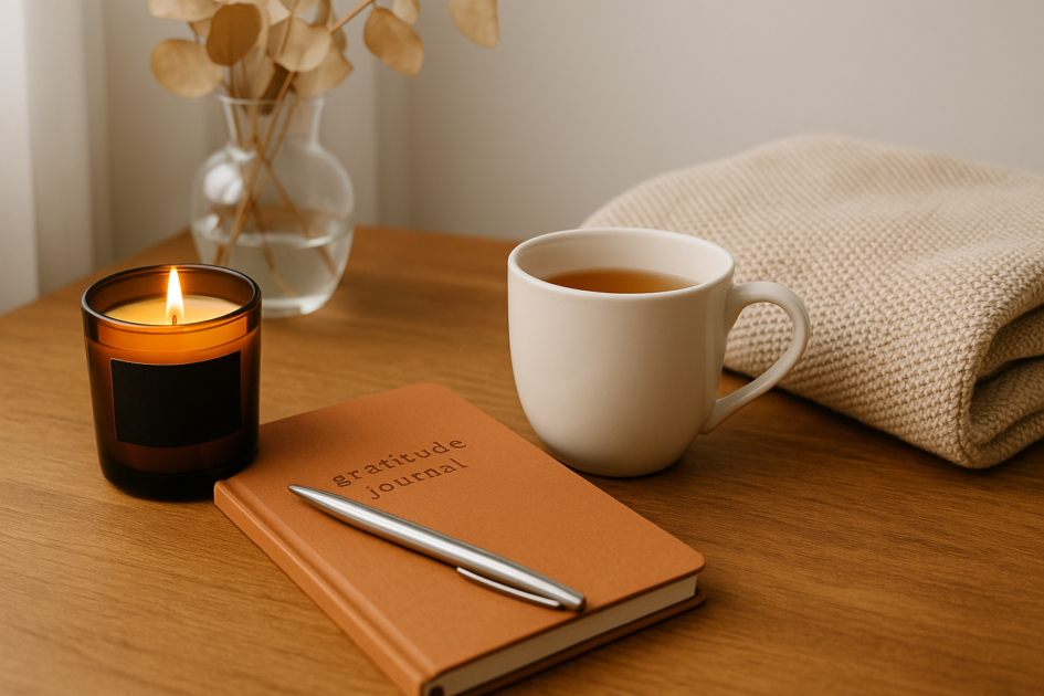 Como relaxar com vela aromática, diário da gratidão e chá quente em ambiente calmo de autocuidado