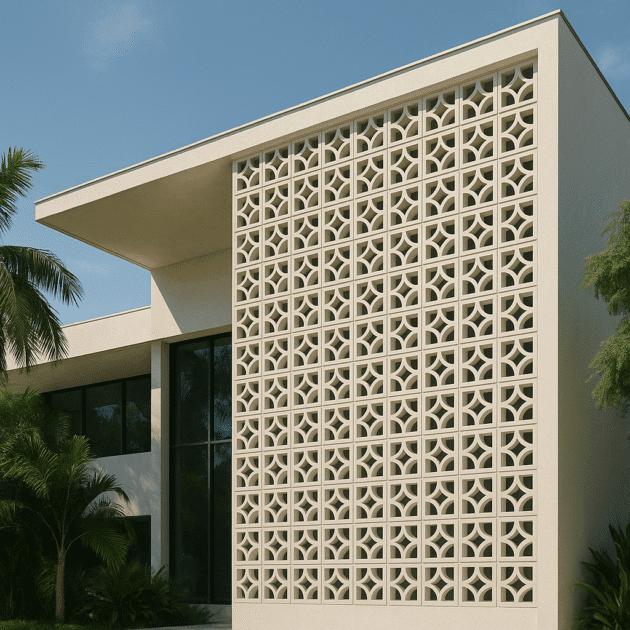 Cobogó em fachada residencial criando design geométrico e ventilação natural