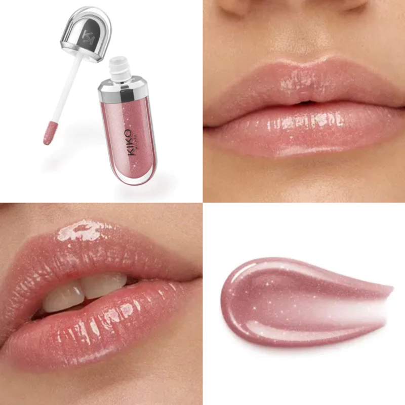 Gloss labial Kiko 3D Hydra com acabamento perolado, brilho intenso e embalagem premium em destaque.