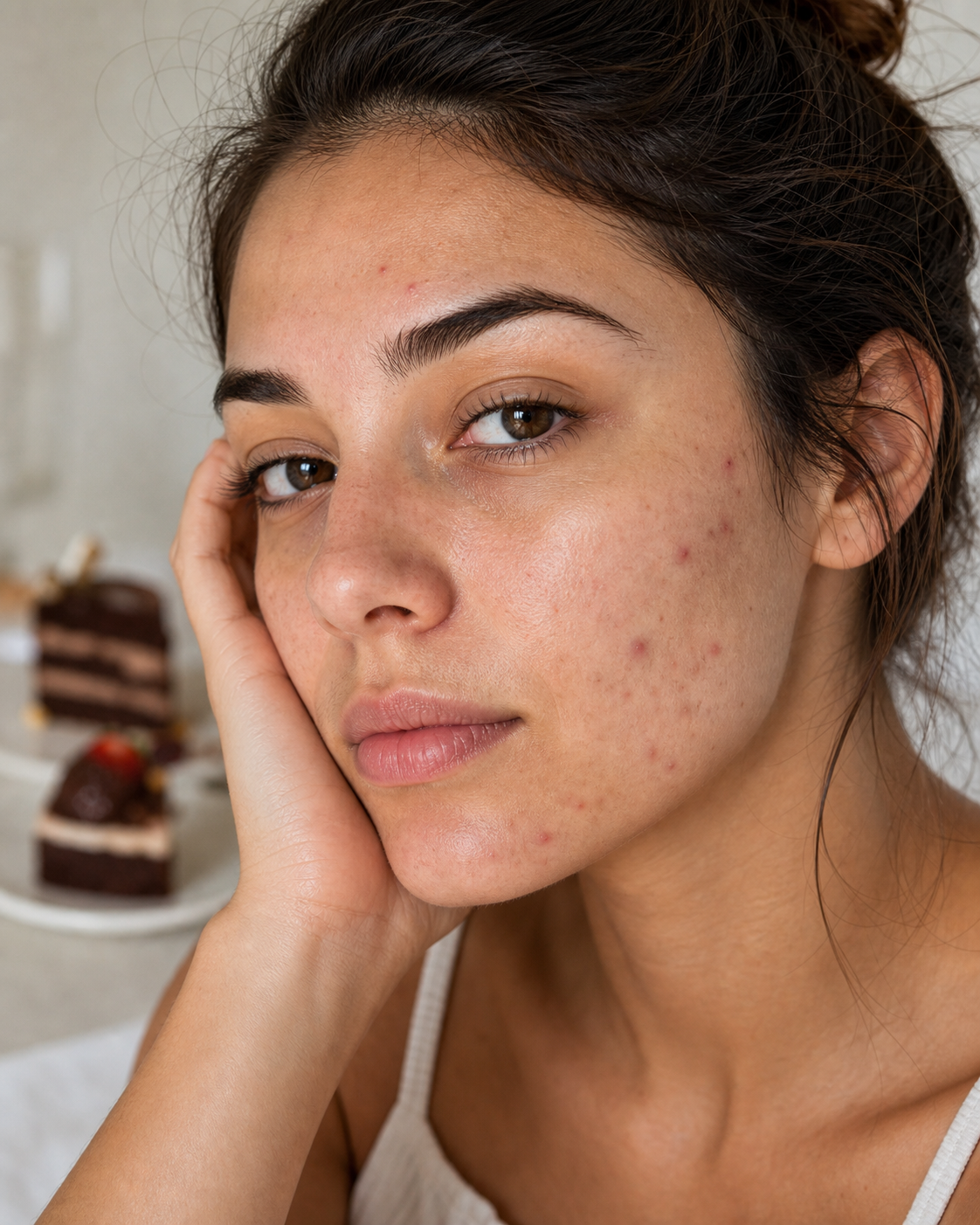 Açúcar piora acne? O que pode acontecer em peles predispostas: imagem editorial vertical sobre açúcar piora acne