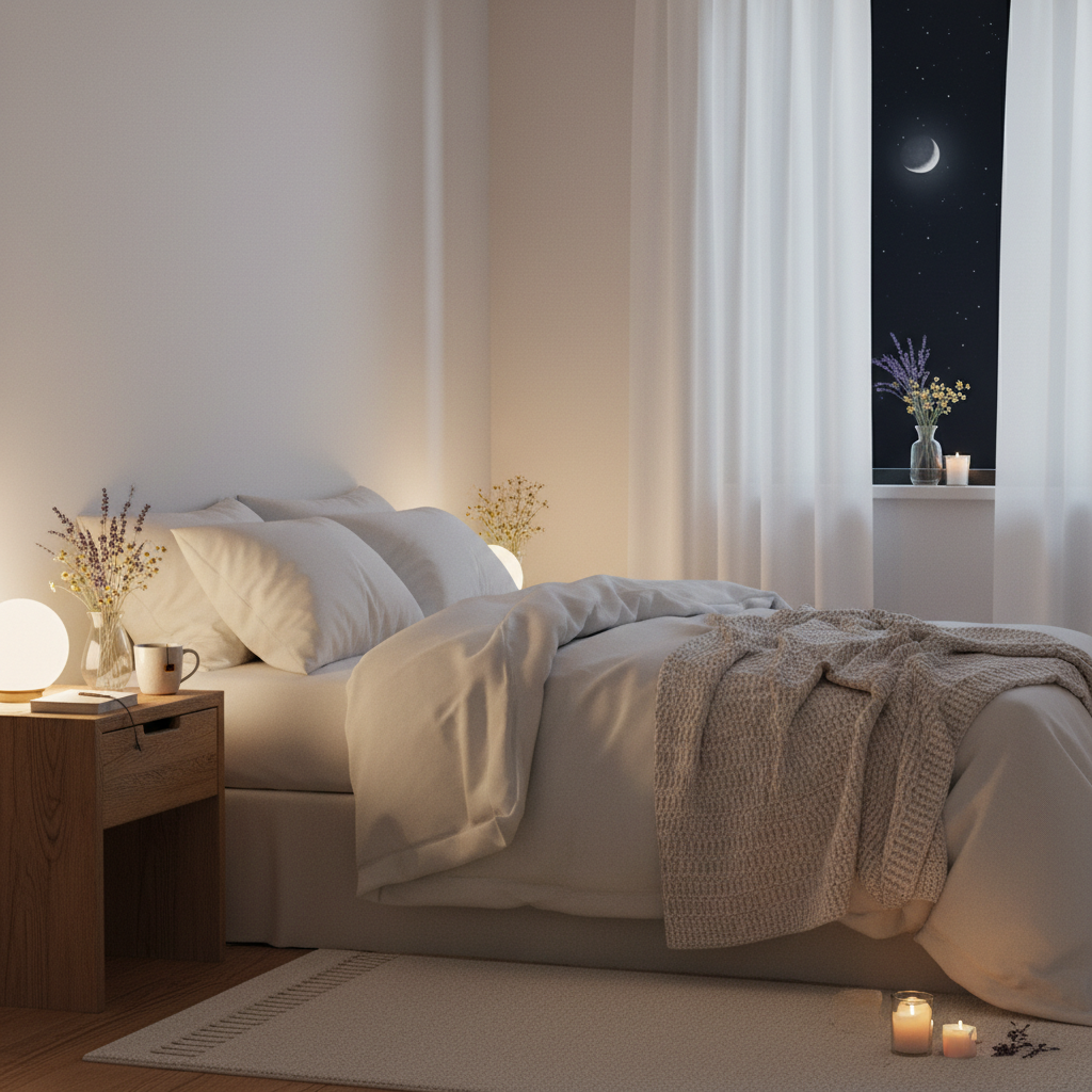 Quarto aconchegante com cama bem arrumada e iluminação suave para dormir rápido
