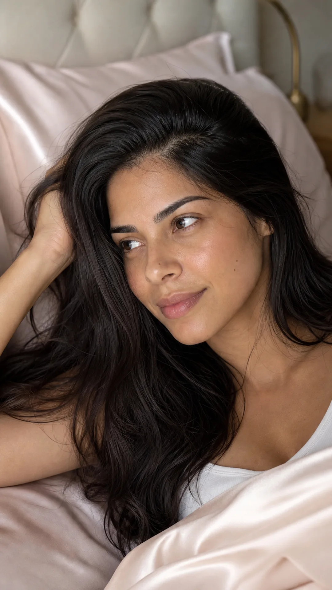 bedroom beauty editorial photo of a Brazilian woman preparing hair before sleep with silk pillowcase sobre como dormir sem acordar com cabelo oleoso
