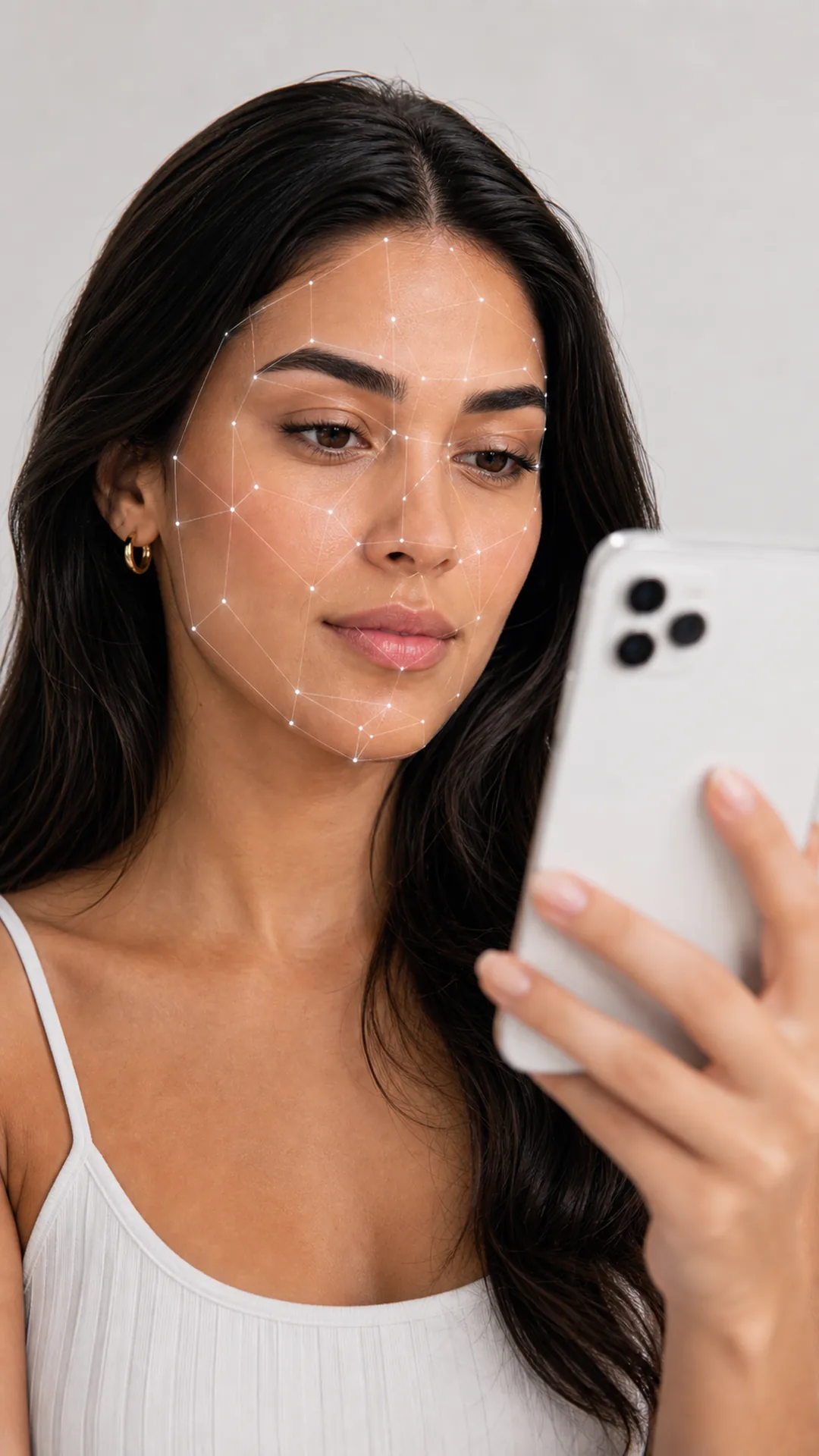 beauty tech editorial photo of a Brazilian woman using AI face shape analysis on a smartphone sobre como saber seu tipo de rosto com IA