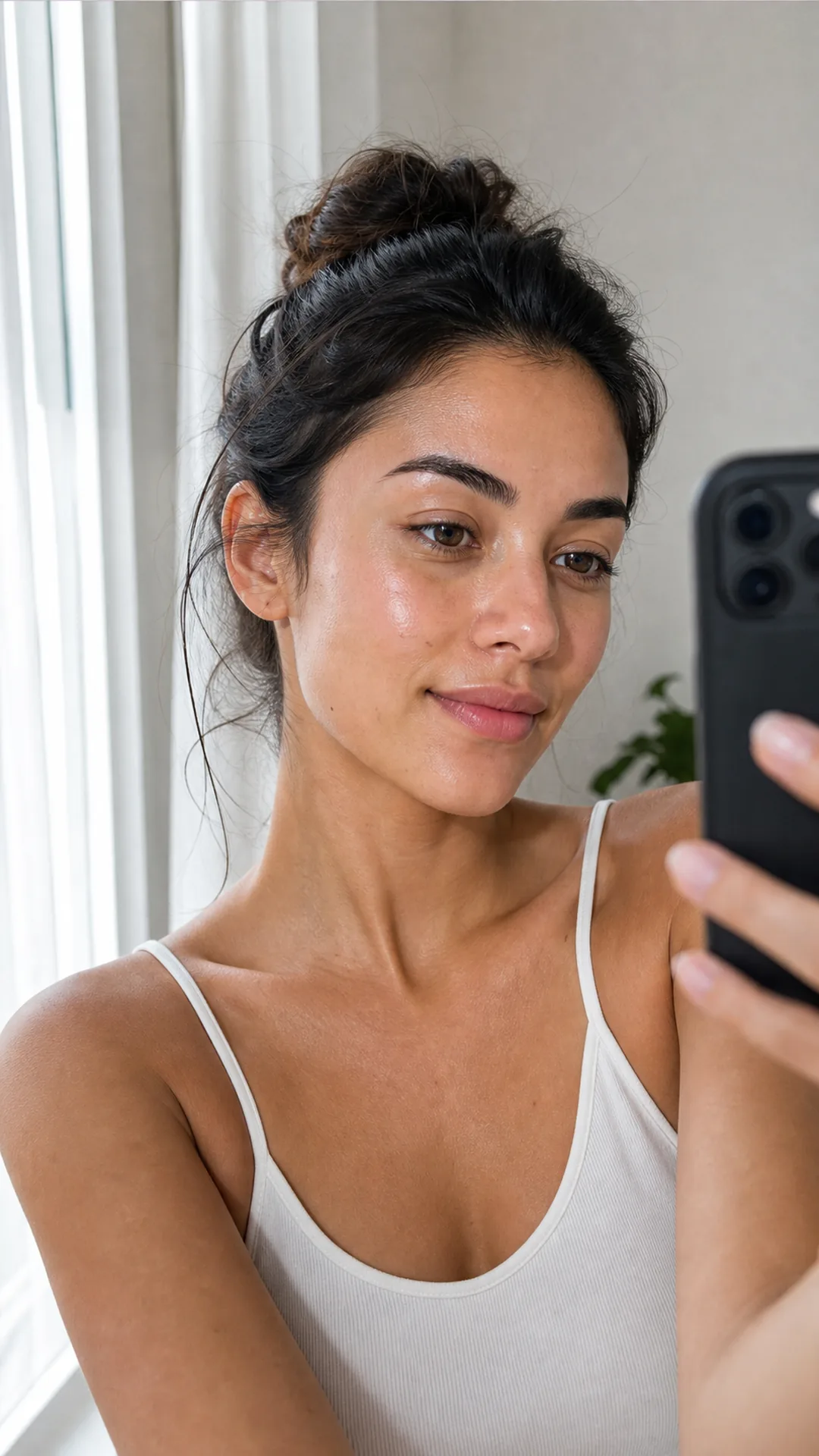 beauty tech editorial photo of a Brazilian woman taking a clear skincare selfie near a window sobre como tirar selfie para ia de skincare