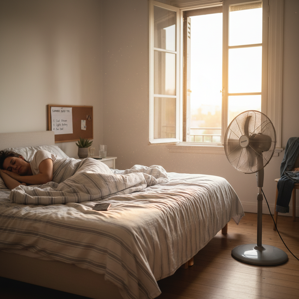 Pessoa dormindo no calor com ventilador e janela aberta para ter uma boa noite de sono no verão