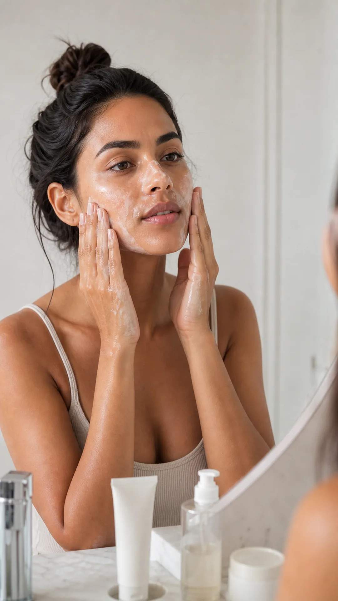 dermatology editorial photo of a Brazilian woman reading skincare labels with a dermatologist-style clean white setting sobre o que dermatologistas nunca fazem na pele