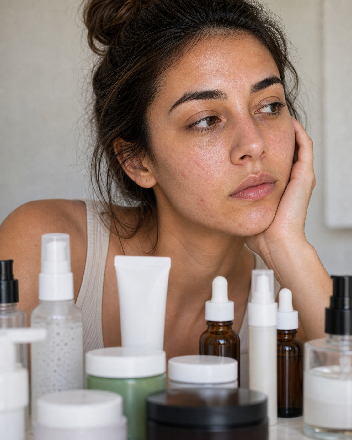 Skincare demais estraga a pele? O sinal de excesso de produtos: imagem editorial vertical sobre skincare demais estraga a pele