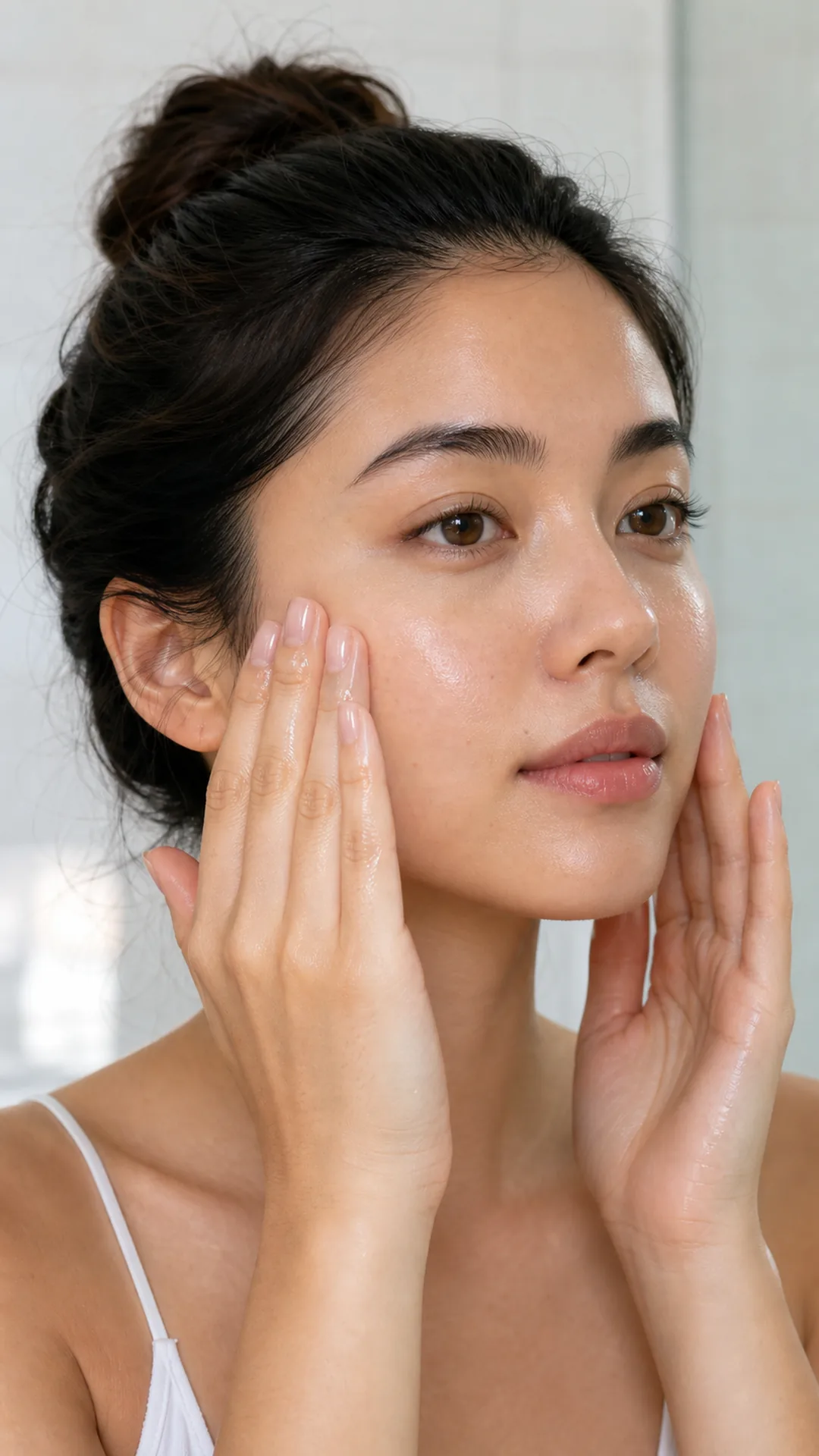 K-beauty editorial photo of a Brazilian woman applying lightweight hydrating toner with clean glass skin effect sobre truque coreano para fechar poros
